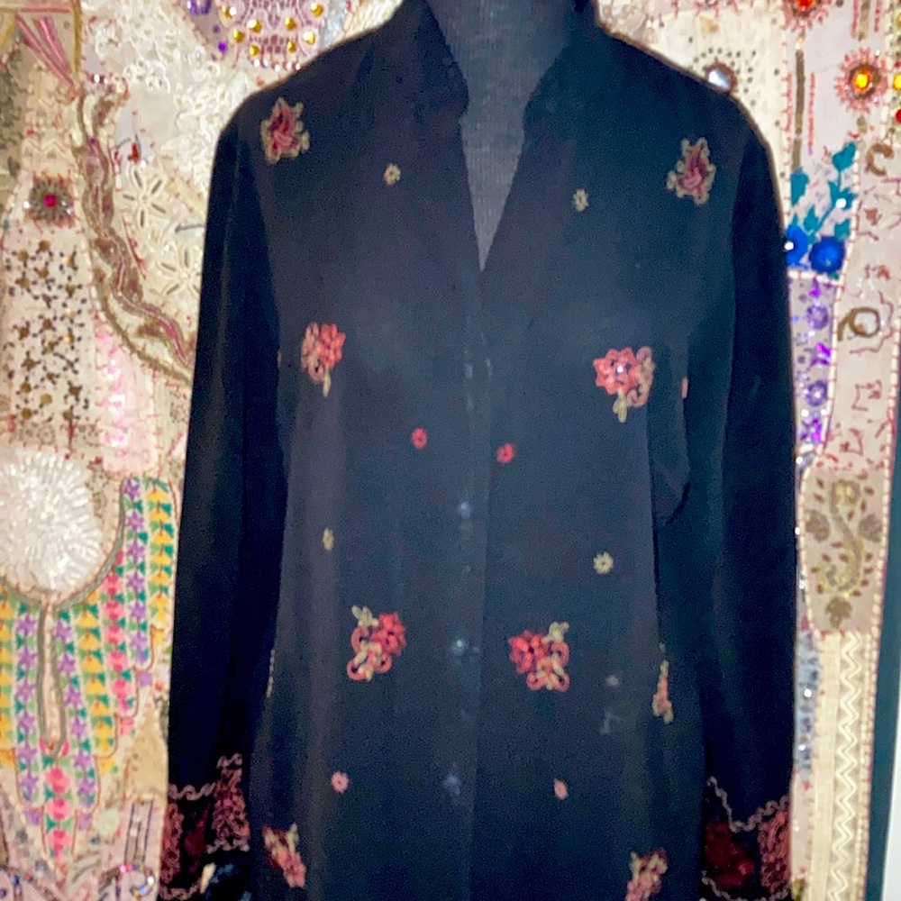 100% Polyester Sheer Black With Multi Colored Des… - image 1